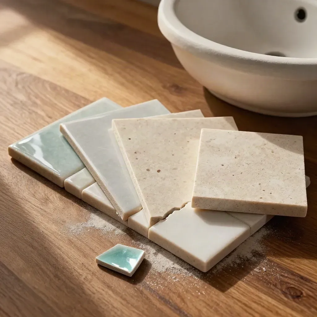 Travertine tile chips and a plaster basin mockup arranged on a dusty design bench.