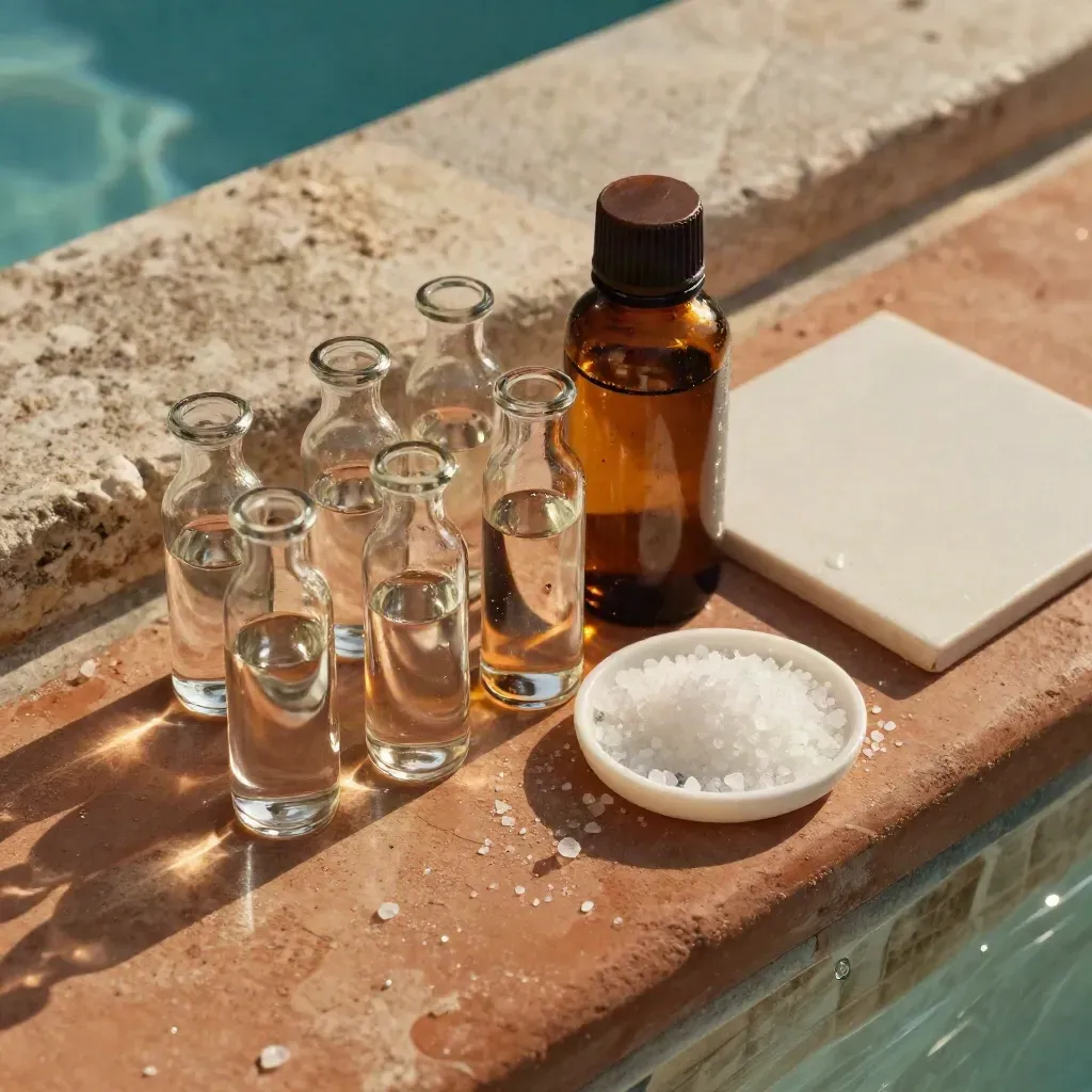 Macro water-test vials, reagent bottle, ceramic tile, and salt tray on a terracotta pool ledge.