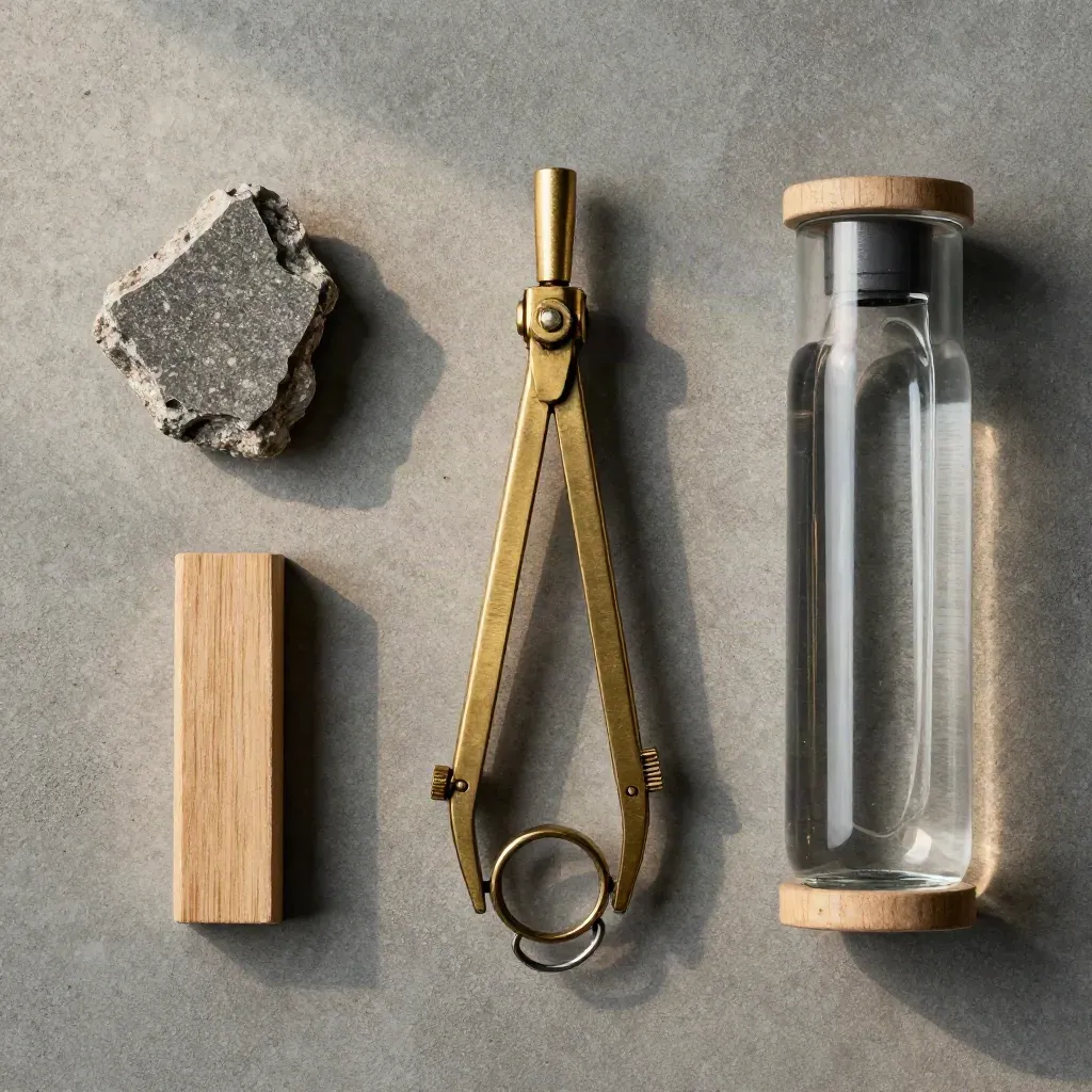 Overhead flatlay of a brass compass, stone sample, layout stake, and water test vial on concrete.