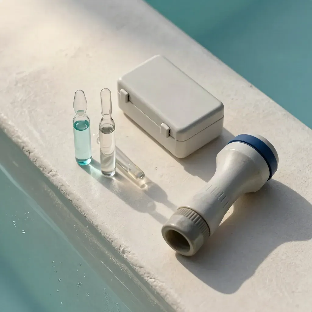 Overhead still life of test vials, meter case, and return jet on pale plaster.