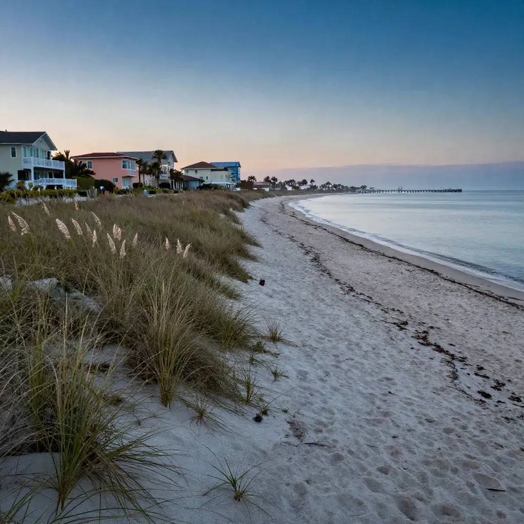 Blue-hour Sarasota Bay shoreline with dunes, pastel waterfront homes, and open calm sand for copy